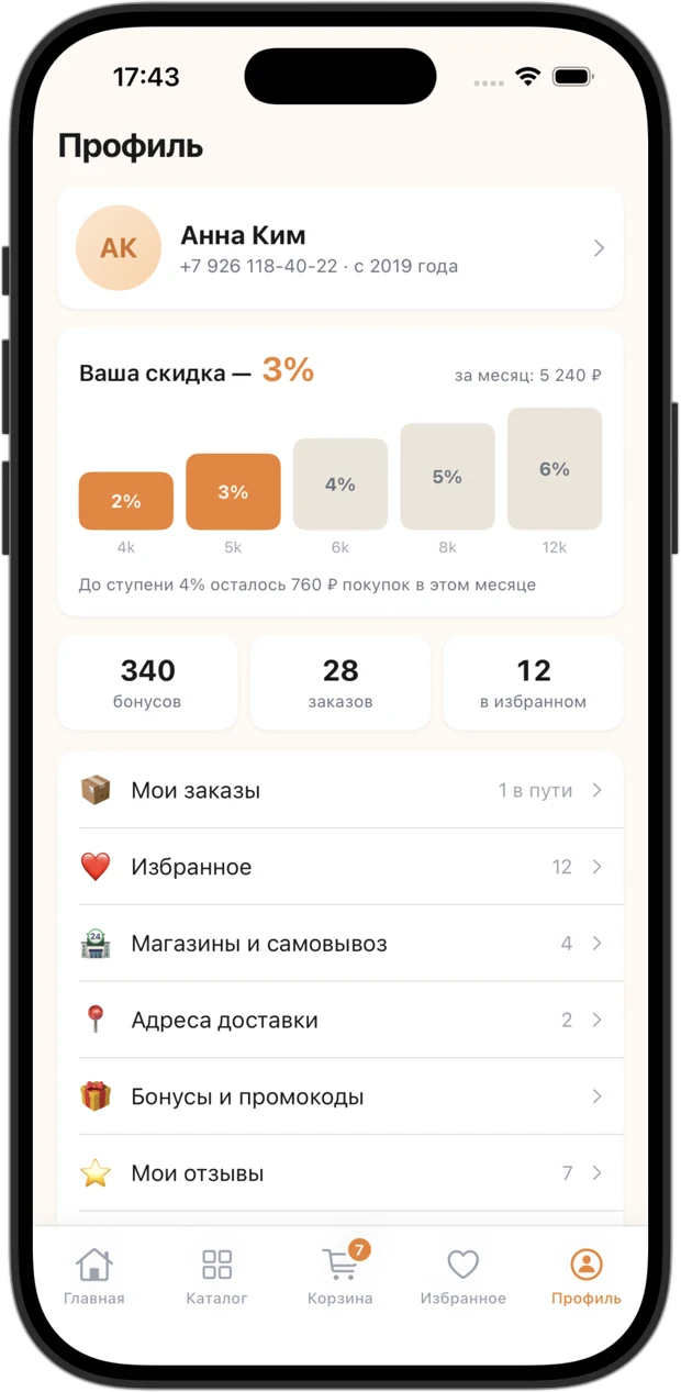 Customer profile: the discount ladder based on monthly spend, bonus points, orders and favourites