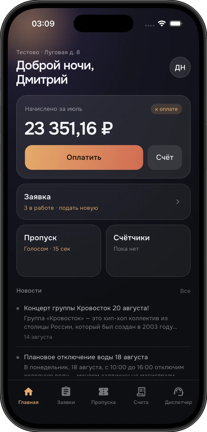 App home screen: the month’s charge, requests, passes and village news